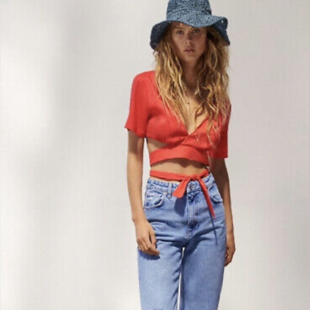 Zara V-Neck Linen Blend Crop Top With Tie Up Wrap Detail
